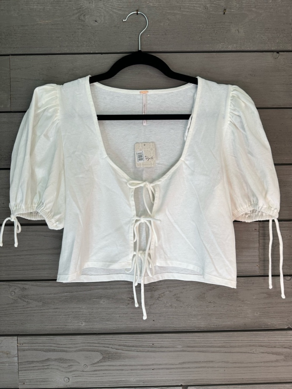 NWT Free People Off White Cream Tie-Front Puff Sleeve Crop Top Size Small
